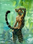 anthro clothed clothing fur male markings solo spots spotted_body spotted_fur standing tail topless whiskers hibbary felid feline leopardus mammal ocelot 2023 digital_media_(artwork)