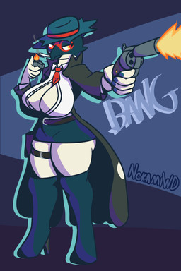 absolute_territory anthro belt big_breasts big_butt boots bottomwear breasts butt cigarette cigarette_in_mouth cleavage clothed clothing female footwear gun handgun high_heeled_boots high_heels holding_gun holding_object holding_ranged_weapon holding_weapon huge_breasts huge_butt lighter miniskirt necktie necktie_between_breasts object_in_mouth ranged_weapon revolver shoes simple_background skirt smoking solo standing thick_thighs waist_belt weapon wide_hips nokamiwd nintendo pokemon eileen_(boring_scalie) decidueye generation_7_pokemon pokemon_(species) shiny_pokemon 2:3 absurd_res hi_res