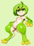 2017 3_fingers 4_toes amphibian anthro biped breasts digital_media_(artwork) feet female fingers frog genitals glistening glistening_body green_background green_body green_hair green_skin green_theme hair half-closed_eyes keropin lips looking_at_viewer modeseven multicolored_body multicolored_skin narrowed_eyes nipples non-mammal_breasts non-mammal_nipples nude pale_skin pussy short_hair short_stack simple_background smile smirk smug solo standing teeth toes two_tone_body two_tone_skin