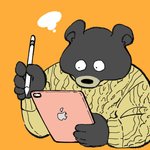 anthro biped black_body black_fur black_nose clothing fur humanoid_hands kemono orange_background simple_background solo sweater tablet_computer topwear yuumin148 apple_inc. ipad bear black_bear mammal moon_bear ursine 1:1 2021