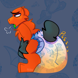 anthro big_diaper bodily_fluids crouching diaper dinorawrz_(diaper) genital_fluids huge_diaper hyper_diaper male onomatopoeia open_mouth solo sound_effects text unclean_diaper urine used_diaper using_diaper watersports wet_diaper wetting wetting_diaper kais_studios abuniverse dinorawrz dinosaur prehistoric_species reptile scalie 1:1 absurd_res hi_res