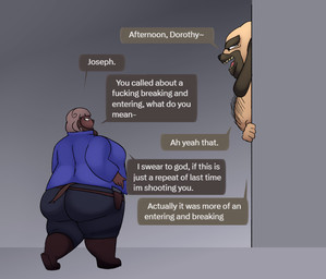 anthro big_breasts big_butt body_hair breasts brown_body brown_hair brown_skin butt chest_hair clothed clothing dialogue duo elderly_anthro elderly_male female hair hairy huge_butt male mature_anthro mature_female mature_male obese obese_anthro obese_female obese_male open_mouth overweight overweight_anthro overweight_female overweight_male police police_officer police_uniform profanity rear_view side_view simple_background size_difference smile speech_bubble standing tan_body tan_skin teeth text thick_thighs uniform oxkingky dorothy_b_hound joseph_macduff bird_dog canid canine canis domestic_dog hunting_dog labrador mammal molosser pug retriever small_molosser toy_dog 2025 colored digital_drawing_(artwork) digital_media_(artwork) english_text hi_res shaded