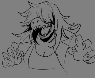 5_fingers anthro breasts claws cleavage clothed clothed_anthro clothed_female clothing female female_anthro finger_claws fingers freckled_chest freckles front_view grey_background hair hair_over_eyes jacket long_hair non-mammal_breasts open_mouth open_smile sharp_teeth shirt simple_background smile solo teeth topwear snoozysoozyy deltarune undertale_(series) susie_(deltarune) dinosaur monster prehistoric_species reptile scalie 2024 digital_drawing_(artwork) digital_media_(artwork) monochrome portrait sketch