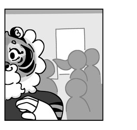 anthro big_cheeks black_ears black_nose border cheek_tuft closed_smile clothing comic_panel crowd doorway facial_tuft featureless_face female fingers fur grey_wall group inner_ear_fluff mouth_closed simple_background small_ears smile solo_focus striped_body striped_fur stripes topwear tuft wall_(structure) white_background white_border white_inner_ear highlandkall naomi_(highlandkall) felid mammal pantherine tiger 2025 comic digital_drawing_(artwork) digital_media_(artwork) hi_res monochrome
