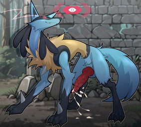 animal_genitalia animal_penis bedroom_eyes blue_body blue_fur bodily_fluids canine_genitalia canine_penis claws closed_smile cum erection eyelashes feet feral feralized fur genital_fluids genitals knot knotted_penis looking_at_viewer male misplaced_urethra mouth_closed narrowed_eyes penis quadruped red_eyes seductive smile smirk solo spikes spikes_(anatomy) tail toe_claws toes yellow_body yellow_fur sepiruth nintendo pokemon canid canine generation_4_pokemon lucario mammal pokemon_(species) 2026 absurd_res hi_res