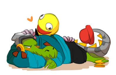 anthro beanie blush bottomwear clothing cross-eyed cybernetics duo electronics hat headgear headphones headwear heart_symbol hoodie humor insane machine male metal_tail prosthetic shorts simple_background sleeping tired topwear white_background sass_(artist) lethal_league candyman_(lethal_league) latch crocodile crocodilian cyborg reptile scalie 2015 low_res