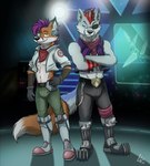 anthro bulge duo male lobowupp nintendo star_fox wolf_o'donnell zion_fox canid canine canis fox mammal wolf hi_res