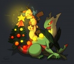 ambiguous_gender electricity feral fur group holidays yellow_body yellow_fur haychel christmas nintendo pokemon generation_1_pokemon generation_6_pokemon mammal mega_evolution mega_sceptile pikachu pokemon_(species) rodent digital_media_(artwork)