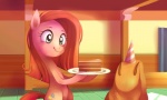 blue_eyes cake clothing cutie_mark dessert female feral food fur hair hat headgear headwear inside party_hat pink_body pink_fur pink_hair plate solo tail wood karzahnii friendship_is_magic hasbro my_little_pony madame_le_floure_(mlp) pinkamena_(mlp) pinkie_pie_(mlp) earth_pony equid equine horse mammal pony 2012 5:3 hi_res