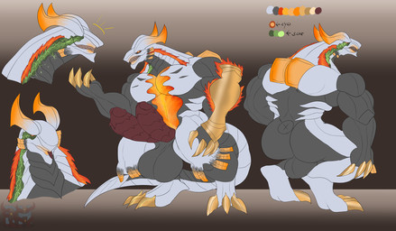 2_penises arm_shield balls big_balls big_penis blep claws color_swatch curved_horn digitigrade front_view fur genitals green_energy grey_body grey_scales head_horn horn long_neck long_tail male multi_genitalia multi_penis muscular muscular_male orange_body orange_fur orange_scales penis rear_view red_eyes scale_armor scales scar sharp_teeth smile solo sparks tail teeth toe_claws tongue tongue_out white_body white_scales daikuhiroshiama god_eater fan_character hannibal_(god_eater) aragami monster reptile scalie hi_res model_sheet
