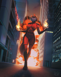 anthro city city_background city_destruction clothing confident confident_female destruction downtown explosion female fire mask night solo street street_lamp suit tail vigilante wearing_mask deedrake legend_of_ahya murana_wolford_(darkflame-wolf) canid canine canis mammal wolf hi_res