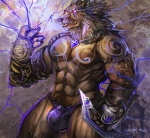 abs anthro armor biceps bottomwear bulge claws clothed clothing electricity energy fangs fantasy fur gem gloves glowing glowing_eyes hair handwear jaws jewelry light lightning loincloth magic male markings muscular muscular_anthro muscular_male necklace pecs pendant pose solo teeth topless tribal underwear warrior weapon cheetahpaws mythology canid canine canis mammal mythological_canine mythological_creature werecanid werecanine werecreature werewolf wolf lighting