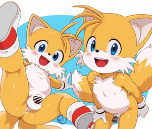 2_tails 5_fingers anthro anus areola balls biped black_nose blue_background blue_eyes blush blush_lines butt censor_bar censored_genitalia censored_penis cheek_tuft chest_tuft clothing dipstick_tail facial_tuft fingers flaccid footwear foreskin fur genitals glans glistening glistening_eyes gloves hand_on_leg hand_on_own_leg hand_on_own_thigh hand_on_thigh handwear humanoid_genitalia humanoid_penis logo looking_at_viewer male male_anthro markings mismatched_genitalia mismatched_humanoid_penis mismatched_penis mostly_nude mostly_nude_anthro mostly_nude_male multi_tail multicolored_body multicolored_clothing multicolored_footwear multicolored_fur multicolored_shoes multicolored_tail navel nipples open_mouth open_smile partially_retracted_foreskin penis pink_areola pink_glans pink_nipples red_clothing red_footwear red_shoes shoes simple_background smile solo spread_legs spreading tail tail_markings teeth tongue tuft two_tone_body two_tone_clothing two_tone_footwear two_tone_fur two_tone_shoes white_background white_balls white_body white_clothing white_footwear white_fur white_gloves white_handwear white_penis white_shoes white_tail white_tail_tip yellow_body yellow_fur yellow_tail young young_anthro young_male homurabe sega sonic_the_hedgehog_(series) miles_prower canid canine fox mammal 2026 artist_logo censored digital_media_(artwork) hi_res japanese_description