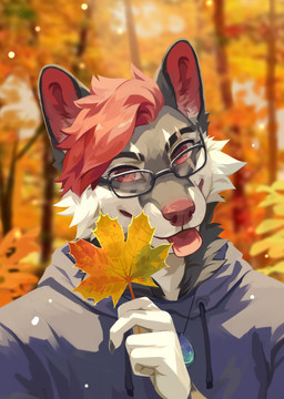 anthro blep blue_clothing blue_hoodie blue_topwear blurred_background clothed clothing day eyewear forest fur glasses glistening glistening_eyes grey_body grey_fur hair hoodie jewelry leaf looking_at_viewer male necklace outside plant red_eyes red_hair red_nose red_tongue solo tongue tongue_out topwear tree unsigned white_body white_fur corzh77 canid mammal absurd_res bust_portrait hi_res portrait