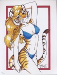 anthro bikini breasts clothed clothing female looking_at_viewer pose skimpy solo stripes swimwear tail tight_clothing two-piece_swimsuit terrie_smith felid mammal pantherine tiger 2006 absurd_res hi_res pinup signature traditional_media_(artwork)