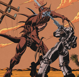 armor blood blood_splatter blood_spray bodily_fluids brain_damage brotherhood_of_steel_(fallout) claws cloud comic_style death desert digitigrade electricity feral fight futuristic_armor futuristic_gun gauss_rifle gore horn killing machine male motion_blur mountain muscular muscular_feral perforating_wound power_armor sharp_teeth shooting shot_in_head t-45_power_armor teeth utility_pole violence wasteland f3lla fallout microsoft deathclaw scalie absurd_res hi_res