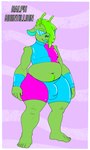 antennae_(anatomy) anthro belly big_butt body_hair bottomwear bulge butt clothing crop_top detailed_bulge eyebrows femboy green_body happy_trail lips male midriff navel overweight overweight_male royalty science_fiction shirt shorts simple_background slime smile solo text thick_bottom_lip thick_eyebrows thick_thighs topwear wide_hips flyntdraws_(artist) ralph_quintillion_(flyntdraws) alien domestic_pig goo_creature mammal suid suina sus_(pig) 3:5 absurd_res digital_media_(artwork) hi_res