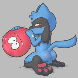 anthro anus balloon balloon_fetish balloon_with_face balls barely_visible_anus biped blowing_balloon butt genitals grey_background holding_balloon inflatable male pawpads paws perineum print_balloon side_view simple_background sitting solo young young_anthro young_male badipoki nintendo pokemon generation_4_pokemon pokemon_(species) riolu 1:1 absurd_res hi_res