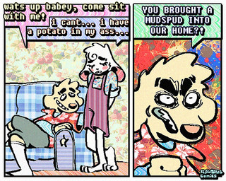 2_panel_comic aloha_shirt anthro bottomwear bow_tie cheek_spots clothing dialogue duo ears_down eyes_closed flip_flops floppy_ears footwear fur grin half-closed_eyes humor male narrowed_eyes overalls pattern_clothing pattern_shirt pattern_topwear pivoted_ears sandals shirt shoes shorts smile socks socks_with_sandals speech_bubble teeth text tooth_gap topwear white_body white_fur wide_eyed yellow_body yellow_fur rawdawgcomics bingus_(rawdawgcomics) stahli_(rawdawgcomics) bird_dog canid canine canis domestic_dog golden_retriever hunting_dog lagomorph leporid mammal rabbit retriever 5:4 comic english_text