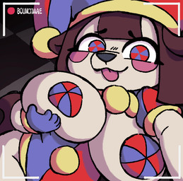 alternate_species anthro big_breasts bouncing_breasts breasts female furrification holding_breast huge_breasts looking_at_viewer pasties solo tongue tongue_out bouncymae glitch_productions the_amazing_digital_circus pomni_(tadc) canid canine canis domestic_dog mammal 2d_animation animated frame_by_frame loop
