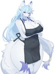 5_fingers anthro apron apron_only belly big_breasts black_apron black_clothing blue_eyes blue_hair breasts chest_tuft cleavage clothed clothing curvy_figure ear_tuft female female_anthro fingers fluffy fluffy_tail fur hair kemono long_hair looking_at_viewer love_handles mature_anthro mature_female mostly_nude navel_outline no_underwear simple_background slightly_chubby smile snout solo standing tail thick_thighs tuft voluptuous white_background white_body white_fur wide_hips baburusushi lily_mari canid canine fox mammal 2021 3:4 hi_res