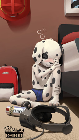 ambiguous_gender anthro backpack bed bent_arm bent_leg beverage_can black_ears black_nose blue_clothing blue_underwear blush bubble clothed clothing drunk drunk_bubble eyes_closed fur furniture hand_on_knee hand_on_leg hands_on_leg markings mismatched_ears multicolored_ears navel on_ground shota sitting solo spots spotted_body spotted_ears spotted_fur substance_intoxication topless two_tone_ears underwear underwear_only white_body white_ears white_fur year young young_anthro miloart charlie_(outrageousbehavior) canid canine canis dalmatian domestic_dog mammal 2021 9:16 dated digital_media_(artwork) hi_res