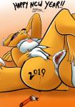 anthro anus breasts clitoris female genitals gradient_background green_eyes holidays looking_at_viewer lying nipples on_back pussy simple_background solo text biobrony bandai_namco digimon new_year canid canine digimon_(species) mammal renamon 2019 absurd_res english_text hi_res