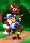 anthro backpack black_nose blue_eyes brown_body brown_fur clean_diaper clothed clothing diaper dirt_path equipment equipped folded_diaper forest fur grass outside pacifier plant solo tree wearing_diaper young young_anthro rexam-1 mammal procyonid raccoon hi_res