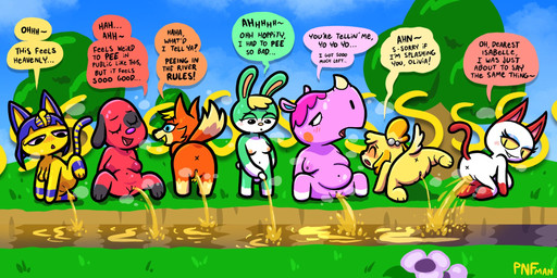 anthro anus areola balls bell belly black_paws blonde_hair blue_eyes blue_eyeshadow blue_hair blush blush_lines bodily_fluids breasts brown_paws brown_tail dialogue dipstick_tail exhibitionism eyelashes eyeshadow female female_peeing fur genital_fluids genitals green_body green_fur group gynomorph gynomorph_peeing hair horn intersex intersex_peeing lake makeup markings nipples nude nude_anthro nude_female nude_gynomorph orange_body orange_fur peeing peeing_into_lake peeing_into_water penis pink_areola pink_body pink_hair plant public public_nudity red_areola red_body red_fur relieved speech_bubble splash tail tail_markings tan_mouth tan_paws tan_tail_tip text tree urine urine_stream vulva watersports white_belly white_body white_fur white_paws white_sclera white_torso yellow_areola yellow_body yellow_fur yellow_sclera theenfman thepnfman animal_crossing nintendo ankha_(animal_crossing) audie_(animal_crossing) cherry_(animal_crossing) isabelle_(animal_crossing) olivia_(animal_crossing) renee_(animal_crossing) sasha_(animal_crossing) canid canine canis domestic_cat domestic_dog felid feline felis fox lagomorph leporid mammal rabbit rhinoceros 2:1 english_text hi_res