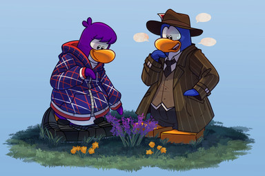 anthro black_clothing black_footwear black_shoes blue_background blue_body blue_clothing blue_fur blue_hoodie blue_topwear brown_clothing brown_coat brown_hat brown_headwear brown_topwear brown_vest clothed clothing coat collared_shirt duo female flower footwear fur grass hat headgear headwear hoodie male male/female necktie open_clothing open_coat open_mouth open_topwear plant purple_body purple_flower purple_fur shirt shoes simple_background topwear upper_teeth_only vest white_clothing white_shirt white_topwear yellow_flower astroclicker club_penguin avian bird penguin 3:2 absurd_res hi_res