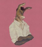 anthro anthrofied black_hair clothed clothing crossed_arms grin hair long_ears male pink_background shirt short_hair simple_background smile solo topwear morapom dreamworks shrek_(series) donkey_(shrek) asinus donkey equid equine mammal hi_res signature