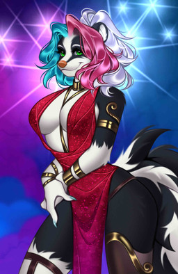 accessory anthro bangs belt_buckle black_body black_fur blue_hair bottomwear bracelet breasts buckle cheek_tuft clothed clothed_anthro clothed_female clothing dress ears_up facial_tuft fantasy female fluffy fluffy_tail fur gold_(metal) gold_jewelry gown green_eyes hair inner_ear_fluff jewelry legwear lgbt_pride long_hair looking_at_viewer medium_hair medium_length_hair multicolored_body multicolored_fur multicolored_hair nails necklace neon patterns pink_hair pose pride_colors red_clothing red_dress sharp_nails simple_background skunk_tail smile smiling_at_viewer solo sparkles sparkling_background stockings straps tail thigh_highs topwear transgender_pride_colors tuft white_body white_fur white_hair wide_hips shimisen mammal mephitid mephitidae skunk detailed digital_drawing_(artwork) digital_media_(artwork) digital_painting_(artwork) hi_res painting_(artwork) partially_colored trans_(lore) trans_woman_(lore)