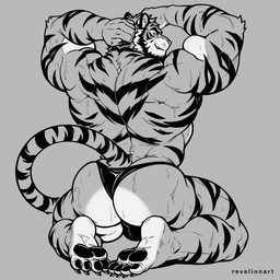 anthro back_muscles balls_outline barazoku barefoot bedroom_eyes biceps big_bulge big_butt big_muscles black_clothing black_underwear bodily_fluids bulge bulge_from_behind butt butt_focus calf_muscles claws clothed clothing deltoids detailed_bulge feet flexing flexing_bicep flexing_both_biceps flexing_butt flexing_muscles flirting flirting_look flirting_with_viewer fur genital_outline grey_background grin grinning_at_viewer hand_on_neck inviting inviting_to_sex inviting_viewer kneeling kneeling_on_ground looking_at_viewer looking_back looking_back_at_viewer male manly markings muscular muscular_anthro muscular_arms muscular_male muscular_thighs narrowed_eyes neck_rub nude offering_sex offering_to_viewer pawpads presenting presenting_body presenting_hindquarters rear_view rubbing_neck seducing_viewer seductive showing_off_muscles simple_background smile smiling_at_viewer smirk smirking_at_viewer solo striped_body striped_fur striped_markings striped_tail stripes sweat sweatdrop sweaty_arms sweaty_back sweaty_body sweaty_butt sweaty_legs tail tail_markings thick_arms thick_thighs tough_guy trapezius triceps underwear underwear_only revelion felid feline mammal pantherine tiger hi_res monochrome