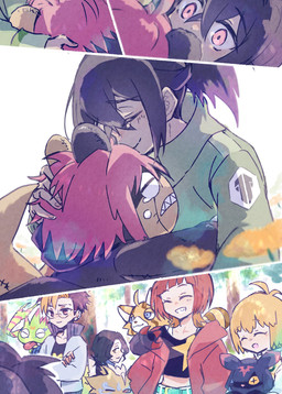 anthro black_hair blonde_hair bodily_fluids female forest group hair hug male pink_hair plant smile tears tree ebiebionigiri bandai_namco digimon digimon_beatbreak granit_(digimon_beatbreak) kyo_sawashiro makoto_kuonji reina_sakuya tomoro_tenma chiropmon cougarmon digimon_(species) gekkomon human ludomon mammal pristimon hi_res