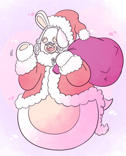 anthro arms_bent blush bottomless bottomless_anthro bottomless_male buckteeth clothed clothed_anthro clothed_male clothing coat costume curly_hair eyes_closed facial_hair fur_trim_(clothing) grey_bow grey_facial_hair grey_hair grey_mustache hair hand_pawpads happy hat headgear headwear holding_sack left-handed legless light male male_anthro medium_hair mitten_hands motion_lines mustache no_eyebrows open_mouth open_smile oval pawpads pink_tongue purple_background red_clothing red_coat red_hat red_headwear red_topwear santa_costume simple_background smile solo tan_body tan_eyelids tan_inner_ear tan_pawpads tan_skin teeth tongue topwear fuposey mario_bros mario_plus_rabbids_kingdom_battle nintendo raving_rabbids rayman_(series) ubisoft phantom_of_the_bwahpera ghost hybrid lagomorph mammal rabbid spirit 2023 colored crossover digital_drawing_(artwork) digital_media_(artwork) english_description hi_res lighting shaded