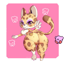 anthro big_butt blonde_hair butt butt_focus countershading curvy_figure female hair looking_at_viewer looking_back markings nude paws purple_eyes simple_background solo spots spotted_body thick_thighs wide_hips yellow_body amailemon kirby_(series) kirby_and_the_forgotten_land nintendo clawroline kirby felid feline leopard mammal pantherine hi_res