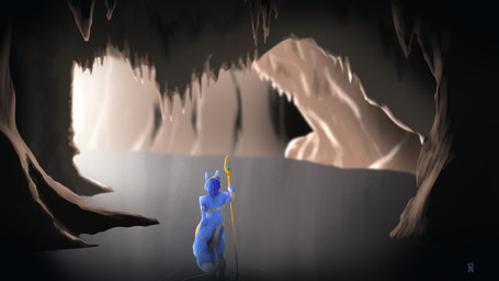 anthro armor blue_body blue_fur blue_hair bottomwear cave clothing female fur hair high-angle_view jewelry loincloth rear_view reflection solo staff underground walking water nahadon nintendo star_fox krystal_(star_fox) canid canine fox mammal