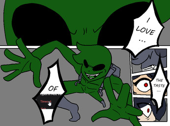 backpack black_eyes black_hair boots clothing dialogue eyeless fangs female footwear fur green_body green_skin grey_body grey_fur group hair male no_genitals not_furry nude reaching red_eyes shocked shoes teeth xystian discord_(app) jujutsu_kaisen alien_(character) xystian_(character) alien xye comic redraw