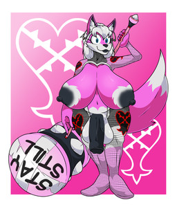 abstract_background anthro areola balls big_areola big_balls big_breasts big_penis black_areola black_lips black_nipples black_penis blue_eyes breasts clothed clothing colored_nails costume ear_piercing ear_ring ear_tuft emblem foreskin fur genitals gynomorph hair hammer heartless_symbol huge_balls huge_breasts huge_penis humanoid_genitalia humanoid_penis intersex lips looking_at_viewer nails nipples penis piercing pink_body pink_fur red_nails ring_piercing skimpy solo tail tools tuft white_body white_fur white_hair tinydevilhorns kingdom_hearts square_enix yuni_hermit canid canine canis heartless mammal wolf absurd_res hi_res