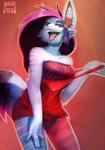 alternative_fashion anthro bare_shoulders blue_body blue_fur clothed clothing female fur off_shoulder open_mouth red_eyes scene_(fashion) scene_haircut smile solo sparklefur tongue jingx1 zoophobia jayjay_(zoophobia) canid canine mammal 2016