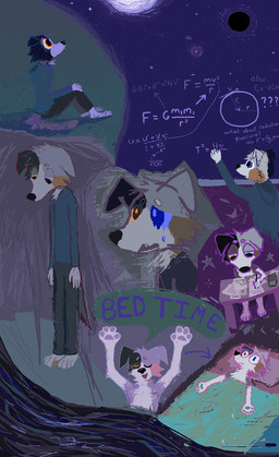 anthro bed blue_clothing blue_shirt blue_topwear bodily_fluids bottomwear brown_body brown_fur clothing crying fur furniture grey_bottomwear grey_clothing grey_pants male math moon night orange_eyes pants paper sad shirt solo star table tears text topwear demensa canid canine canis domestic_dog mammal 2020 digital_media_(artwork) hi_res pixel_(artwork)