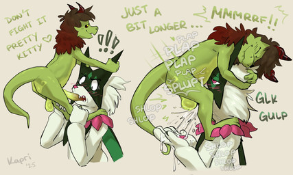 ambiguous_gender ambiguous_penetrated anthro backsack balls blush bodily_fluids brown_hair cum cum_in_mouth cum_inside cum_spurt dialogue duo erection face_fucking face_hugging face_mounting forced fur genital_fluids genitals green_body green_fur hair horn humanoid_genitalia humanoid_penis interspecies irrumatio larger_penetrated larger_sub male male/ambiguous male_penetrating male_penetrating_ambiguous mask moan non-mammal_balls oral penetration penile penis penis_in_mouth plap pokephilia questionable_consent red_horn secretly_loves_it sex sharp_teeth size_difference small_top_big_bottom smaller_male submissive teeth text until_they_like_it kapri nintendo pokemon vigmarr_(vigmarr) felid feline generation_9_pokemon kobold mammal meowscarada pokemon_(species) scalie 5:3 absurd_res english_text hi_res
