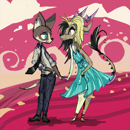 anthro blue_clothing blue_dress bottomwear brown_body brown_fur clothed clothed_female clothed_male clothing cloud do dress duo female fur male necktie pants pink_eyes romantic romantic_couple sky smile naircat mythology alex_morrigan domestic_cat dragon felid feline felis mammal mythological_creature mythological_scalie scalie 1:1 2015 digital_drawing_(artwork) digital_media_(artwork)