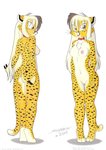 3_toes anthro barefoot belly breasts butt clothed clothing collar collar_only duo feet female genitals hair long_hair navel nipples no_underwear nude paws pussy soles toes tirashanks_(artist) vanilla_(tirashanks) cheetah felid feline mammal model_sheet