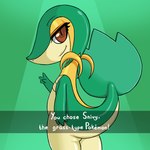 1:1 anthro b-intend butt english_text female generation_5_pokemon gesture green_body hand_gesture looking_at_viewer multicolored_body nintendo nude pokemon pokemon_(species) red_eyes smile smiling_at_viewer snivy solo tan_body text v_sign yellow_body