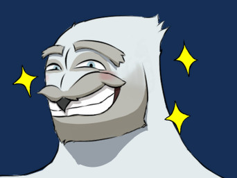 anthro beak beard blue_eyes blush facial_hair feathers looking_at_viewer male provocative smile smiling_at_viewer solo sticker white_body white_feathers edgemim edric_(oc) avian bird horned_owl owl snowy_owl true_owl low_res