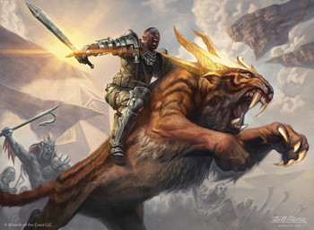 armor army charging claws crowd duo_focus feral glowing group holding_object holding_weapon horn jumping levitating low-angle_view open_mouth quadruped riding sharp_teeth short side_view snarling split_form teeth tusks weapon willian_murai hasbro magic:_the_gathering wizards_of_the_coast aquatic felid felidar human mammal merfolk vampire official_art