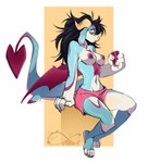 anthro beverage big_tail blue_body bottomwear breasts clothing energy_drink female hair horn messy_hair shorts solo tail thick_thighs wings katfishcom mythology raz_(meireynashark) cetacean dolphin dragon hybrid mammal marine mythological_creature mythological_scalie oceanic_dolphin orca scalie toothed_whale absurd_res hi_res