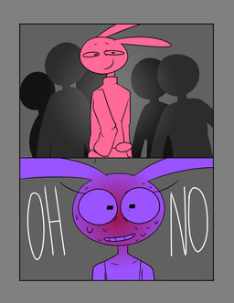 ambiguous_gender anthro blush bodily_fluids border clothed clothing crossdressing dress evil_look eyebrows eyelashes grey_border group hand_in_pocket long_eyelashes looking_back male narrowed_eyes nervous nervous_smile nervous_sweat panicking pockets raised_eyebrows servitude silhouette smile smirk sweat sweatdrop sweater text topwear turtleneck karnthud glitch_productions the_amazing_digital_circus evil_jax_(tadc) jax_(tadc) humanoid lagomorph leporid mammal rabbit absurd_res comic english_text hi_res