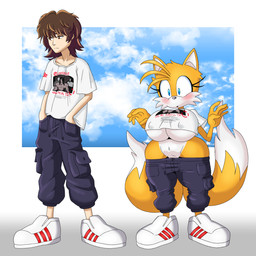 2_tails anthro before_and_after blush bottomwear breast_growth breasts brown_hair clothing cloud crossgender female footwear gender_transformation growth hair human_to_anthro instant_transformation male mtf_crossgender mtf_transformation multi_tail nipple_outline pants shirt shoes simple_background solo species_transformation standing surprised tail tf_into_fictional_character topwear transformation white_clothing white_footwear white_shoes shinmayjay sega sonic_the_hedgehog_(series) miles_prower canid canine fox human mammal 1:1 2024 digital_media_(artwork) hi_res